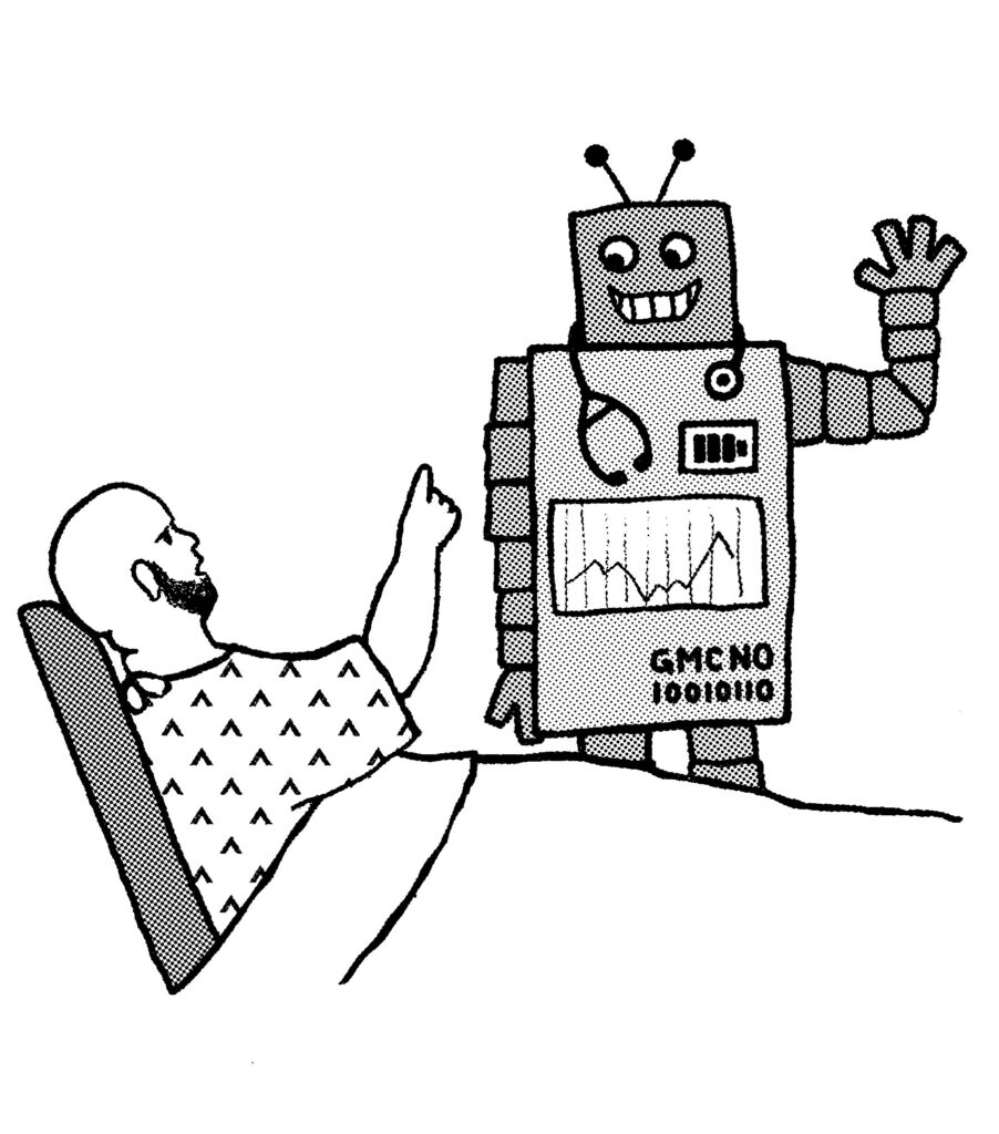 A cartoon by Dr Paula Heister showing a patient being attended by a robot rather than by a human doctor. The image illustrates the need for doctors to plan their careers rather than leave their careers to chance. 